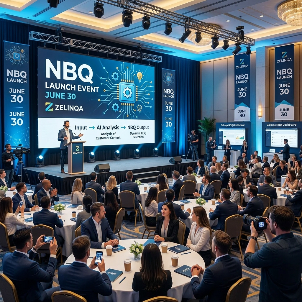 Speaker presenting at NBQ launch event with audience seated at round tables